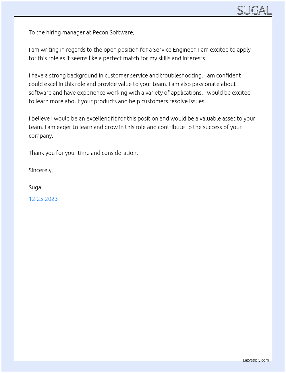 service engnieer At pecon softwear Cover Letter