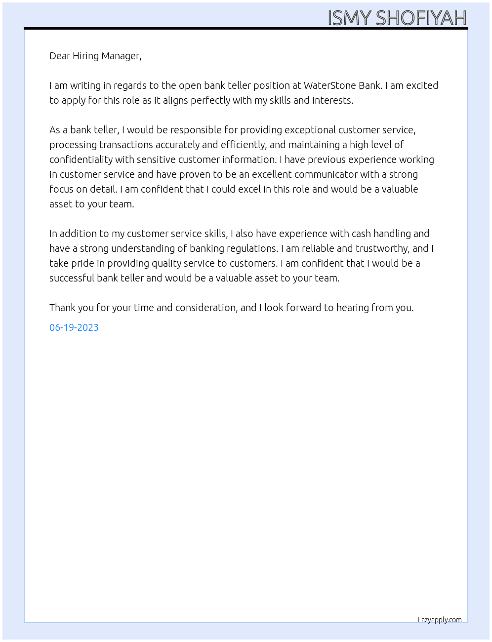 bank teller At WaterStone Bank Cover Letter