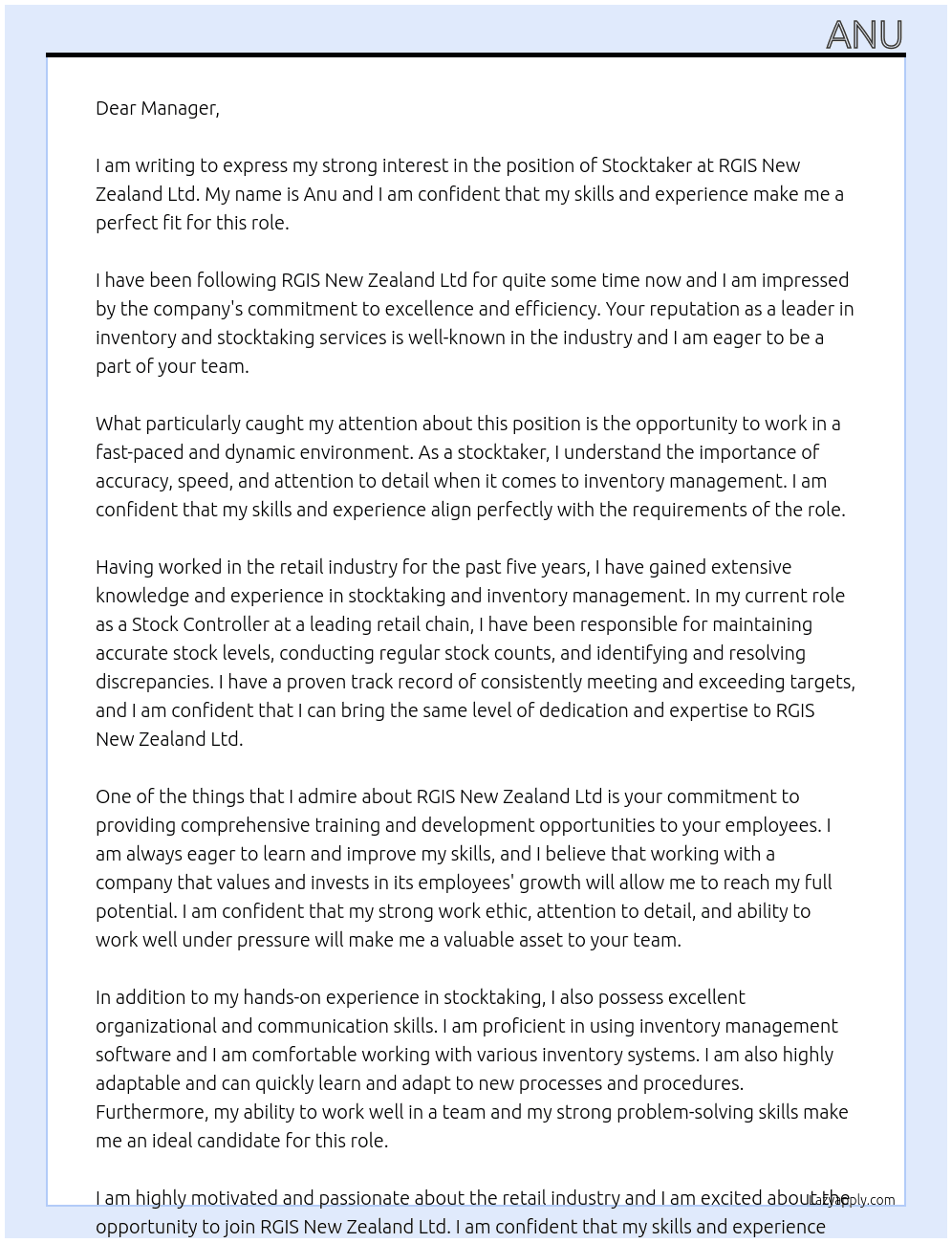 Stocktakers Required At RGIS New Zealand Ltd Cover Letter