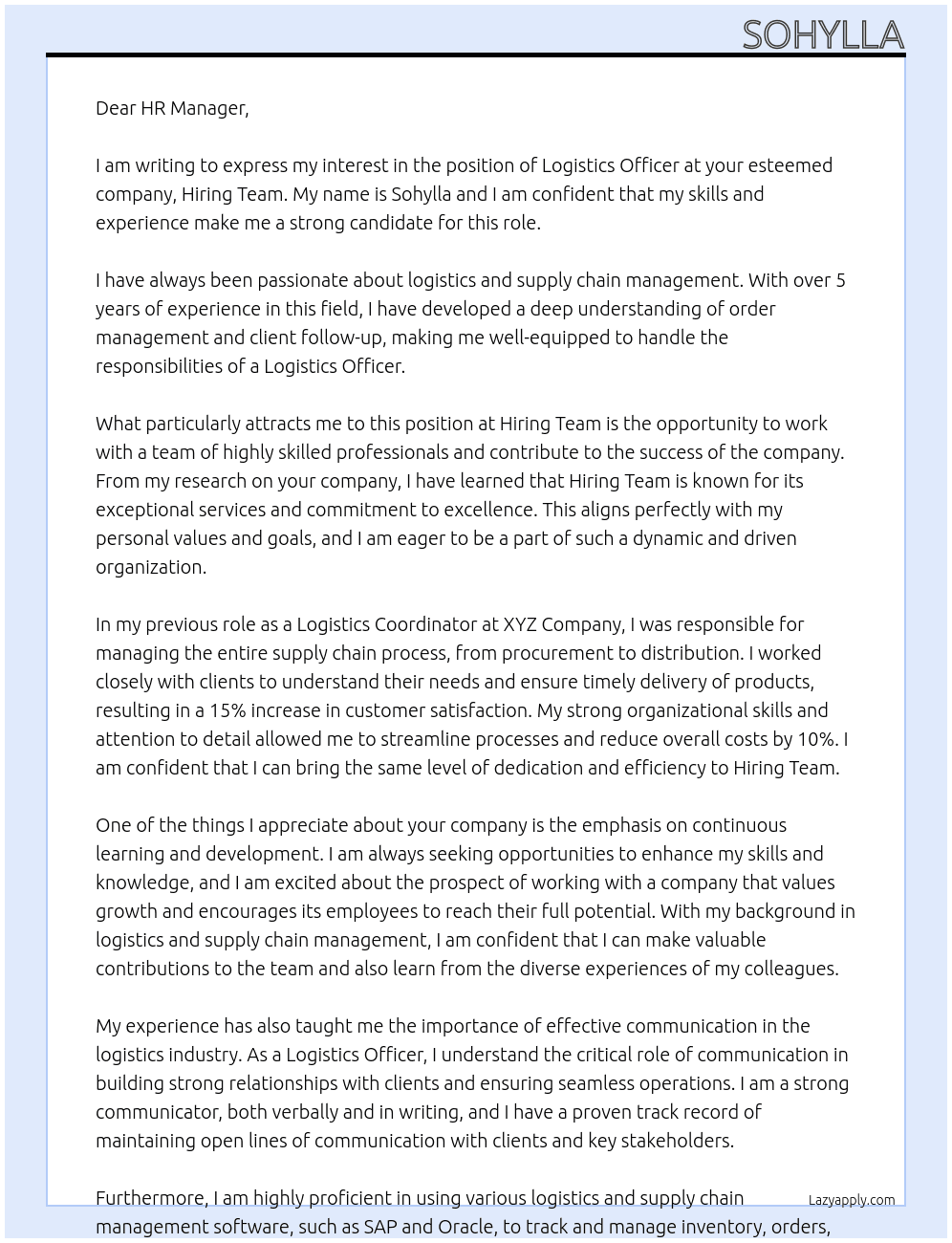 logistics officer At hiring team Cover Letter