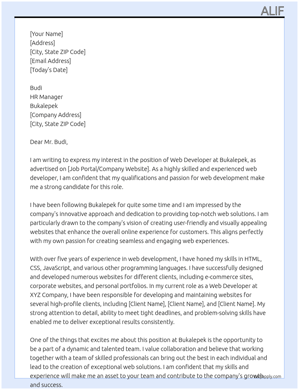 Web Developer At Bukalepek Cover Letter