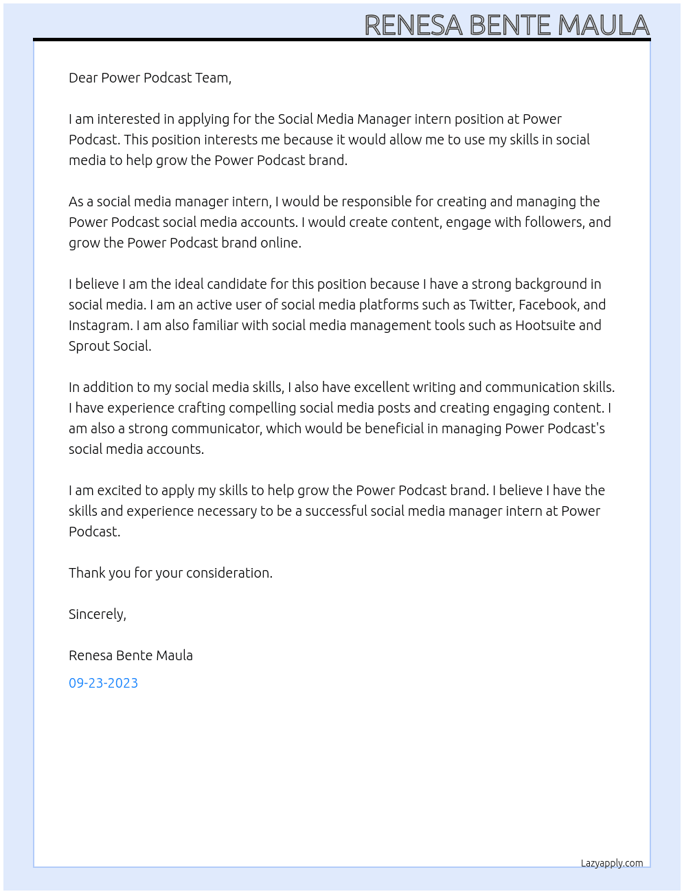 Social Media Manager (Intern) At Power Podcast Cover Letter