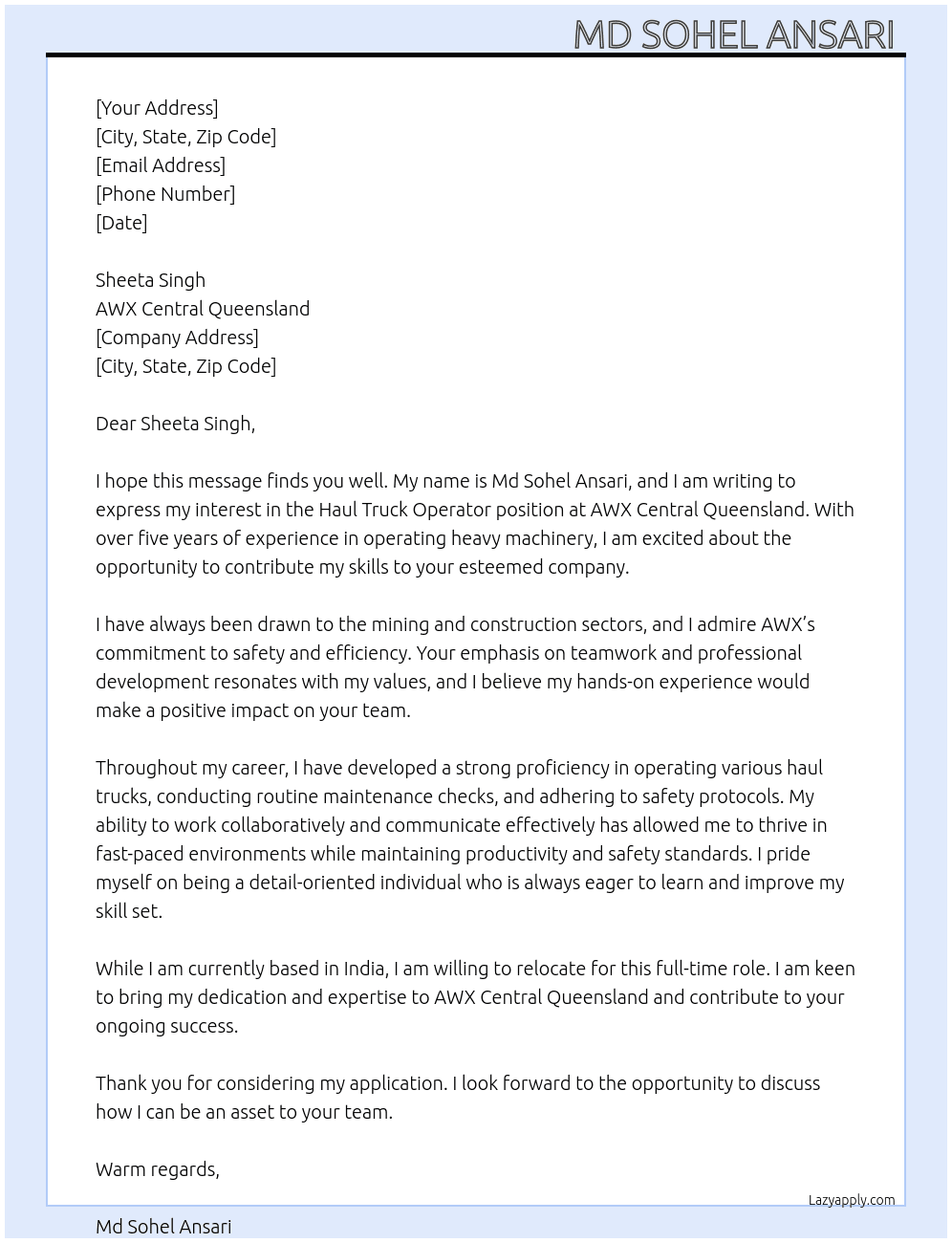 Haul truck oprator  At AWX Central queensland  Cover Letter