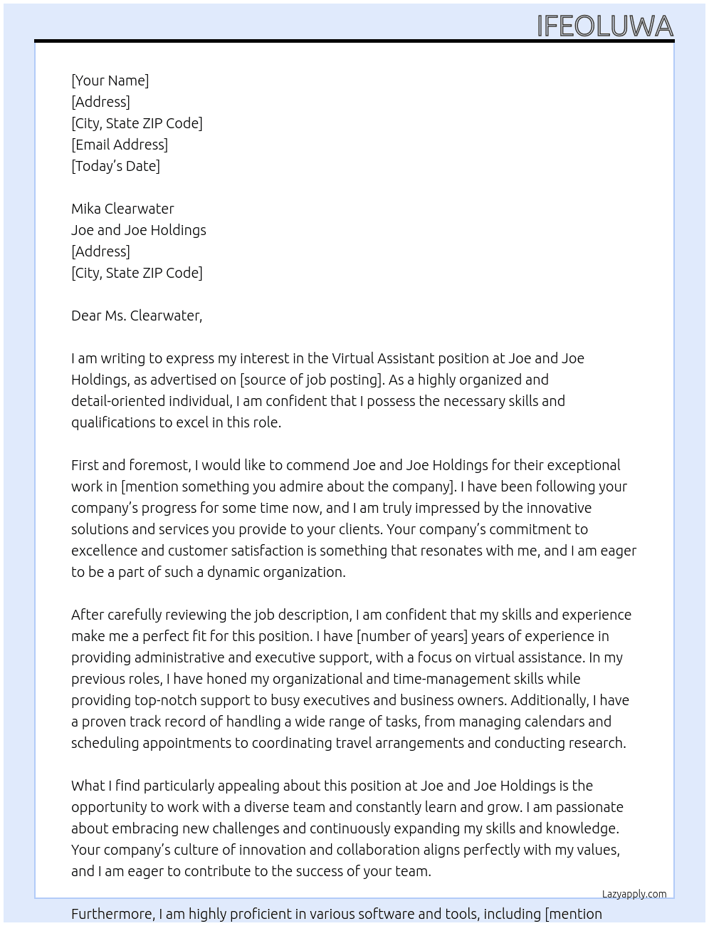 Virtual Assistant At Joe and Joe Holdings Cover Letter