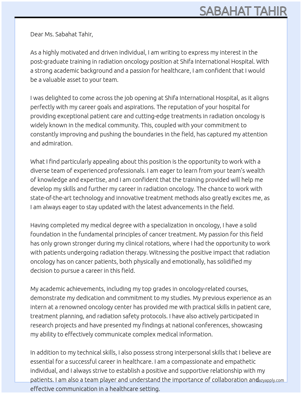post graduate training in radiation oncology At Shifa international hospital Cover Letter