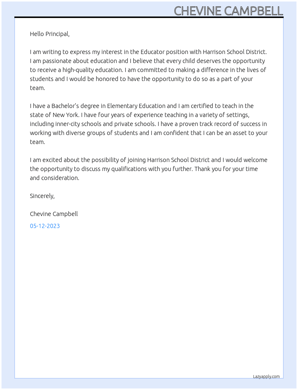 Educator At Harrison School District Cover Letter