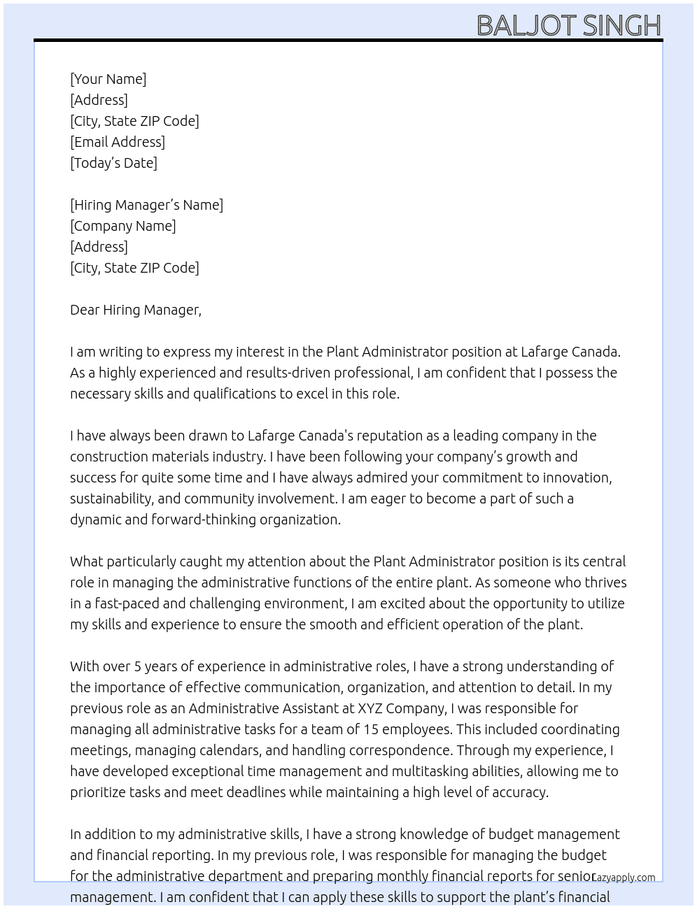 Plant Administrator At Lafarge Canada  Cover Letter