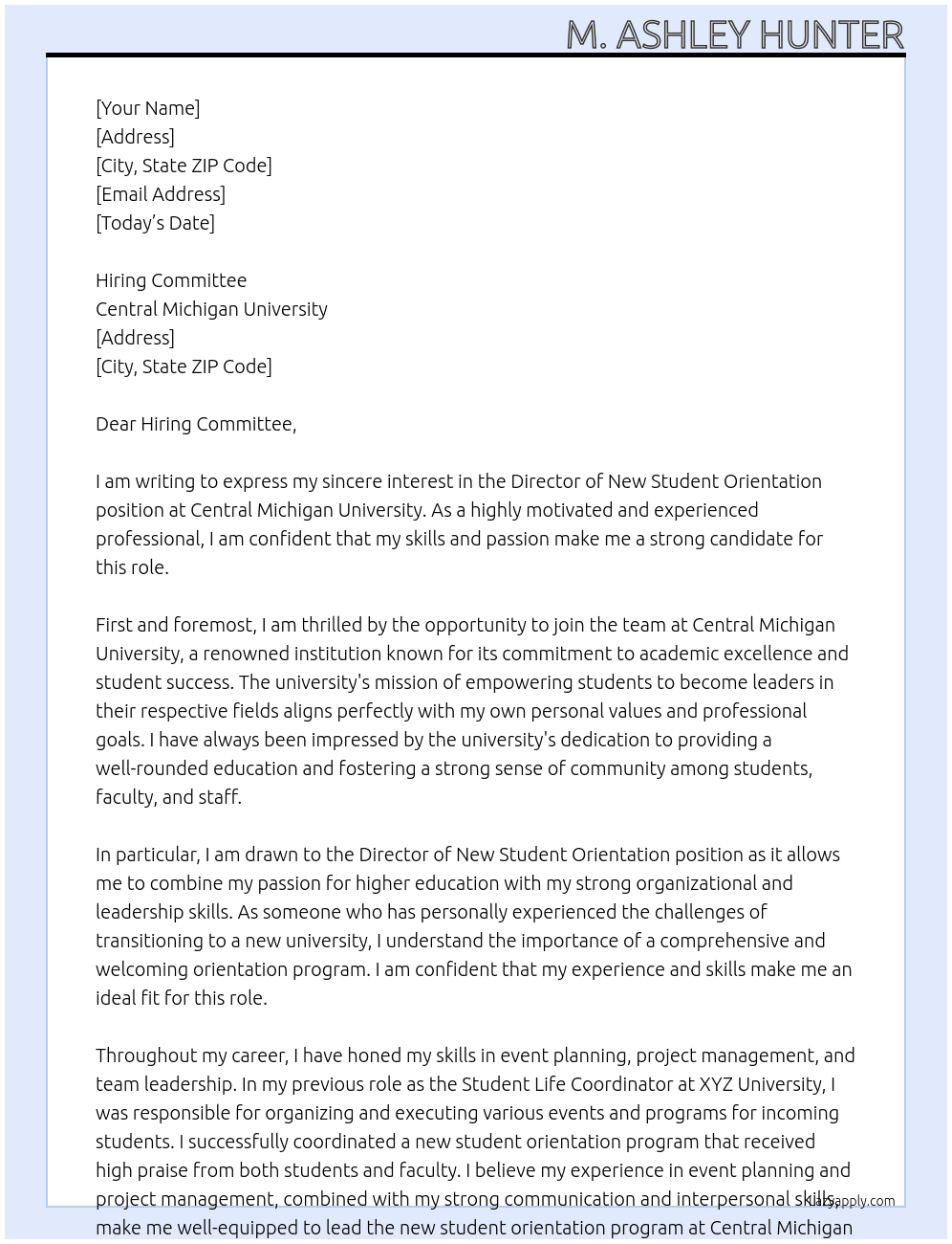 director of new student orientation At Central Michigan University Cover Letter