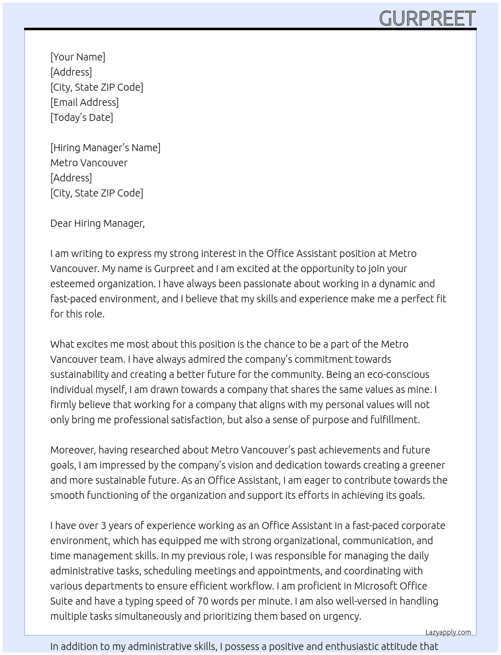 Office Assistant At Metro Vancouver Cover Letter