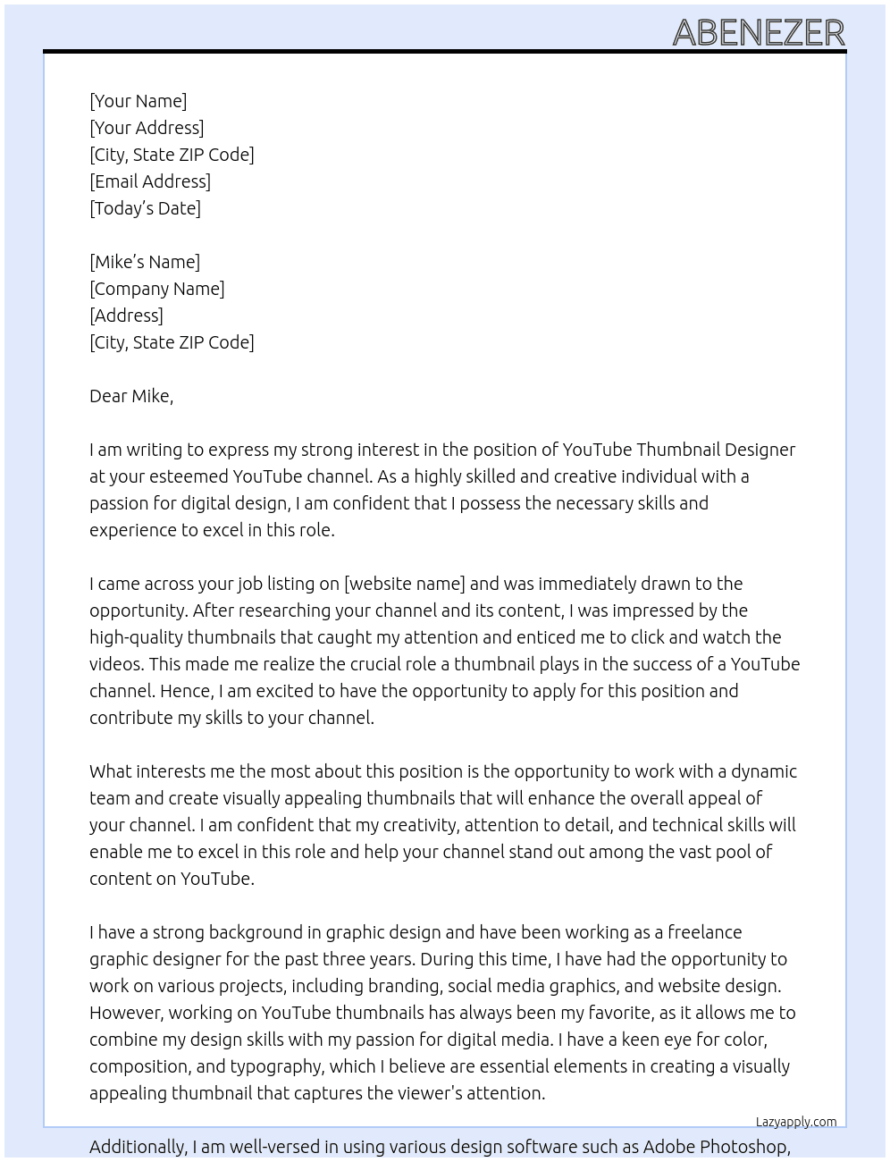 Cover letter for youtube thumbnail designer - LazyApply