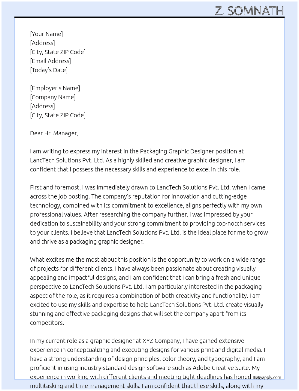Packaging graphic designer At LancTech Solutions Pvt.Ltd. Cover Letter