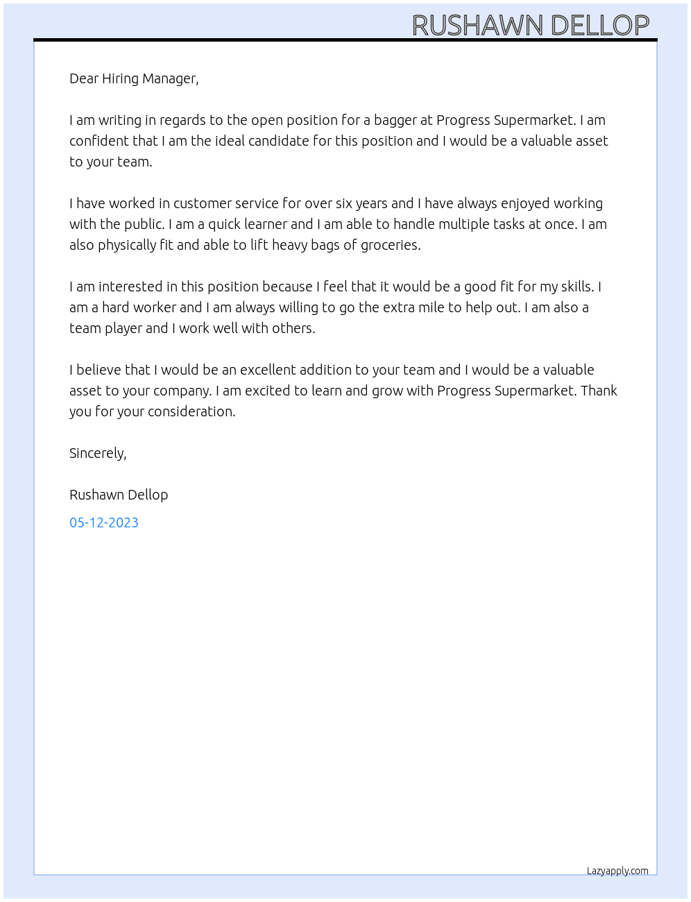 Bagging  At Progress Supermarket  Cover Letter