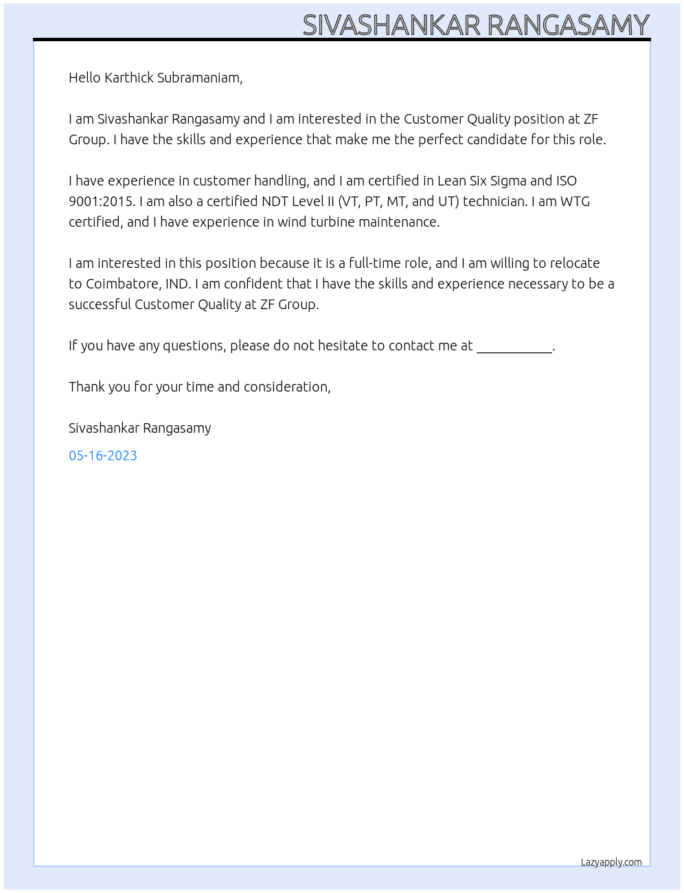 Customer Quality  At ZF Group  Cover Letter