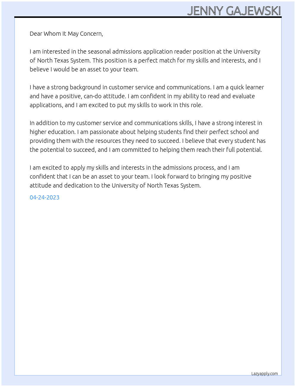Seasonal Admissions Application Reader At University of North Texas System Cover Letter