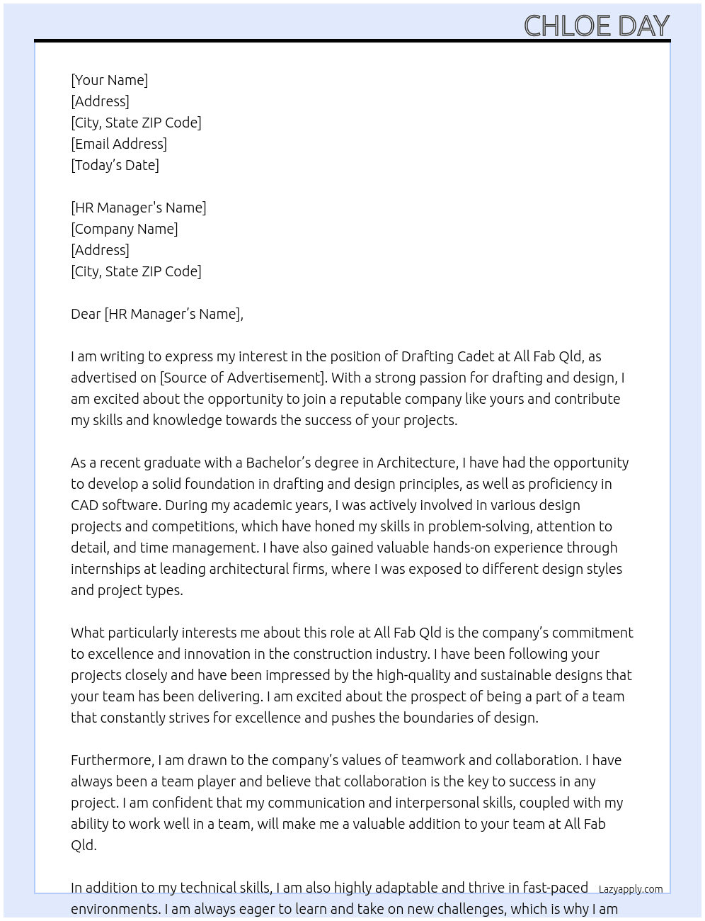 Drafting Cadet At All Fab Qld Cover Letter