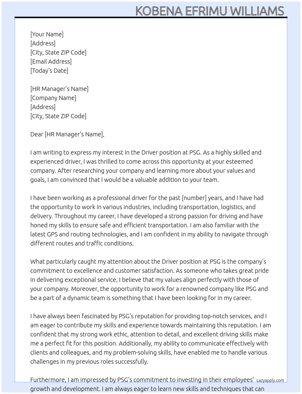 Driver  At PSG Cover Letter