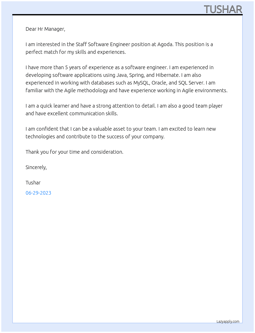 Staff Software Engineer At Agoda Cover Letter