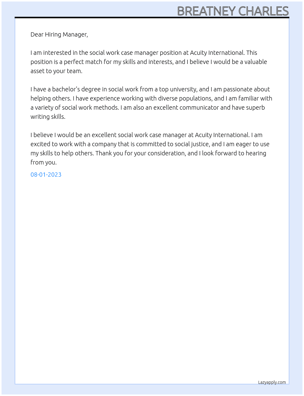social work case manager  At Acuity International  Cover Letter