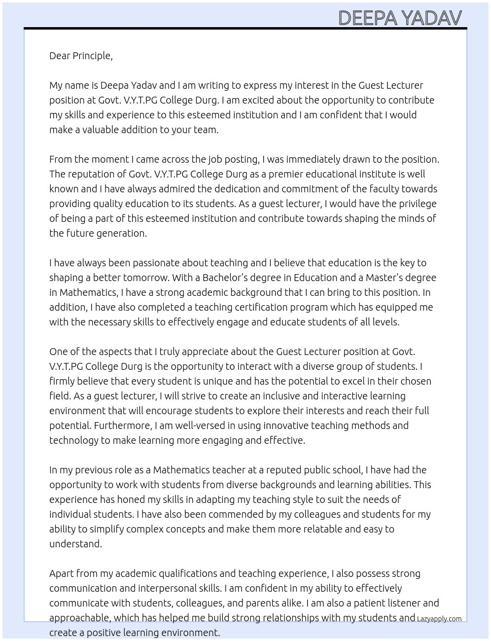 guest lecturer At govt.v.y.t.pg college durg Cover Letter