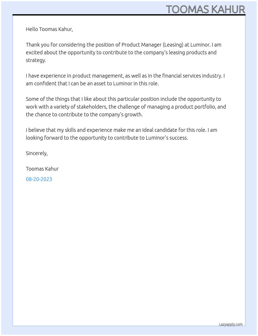 Product Manager (Leasing) At Luminor Cover Letter