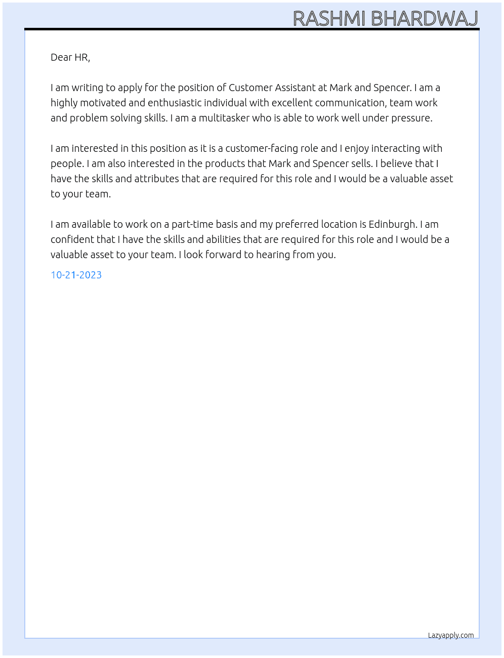 Customer assistent At Mark and spencer Cover Letter