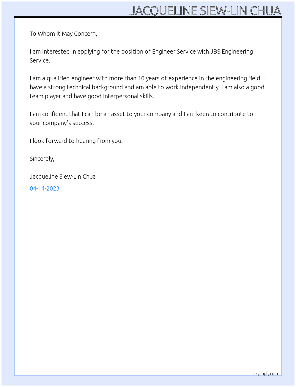 ENGINEER SERVICE At JBS ENGINEERING SERVICE Cover Letter