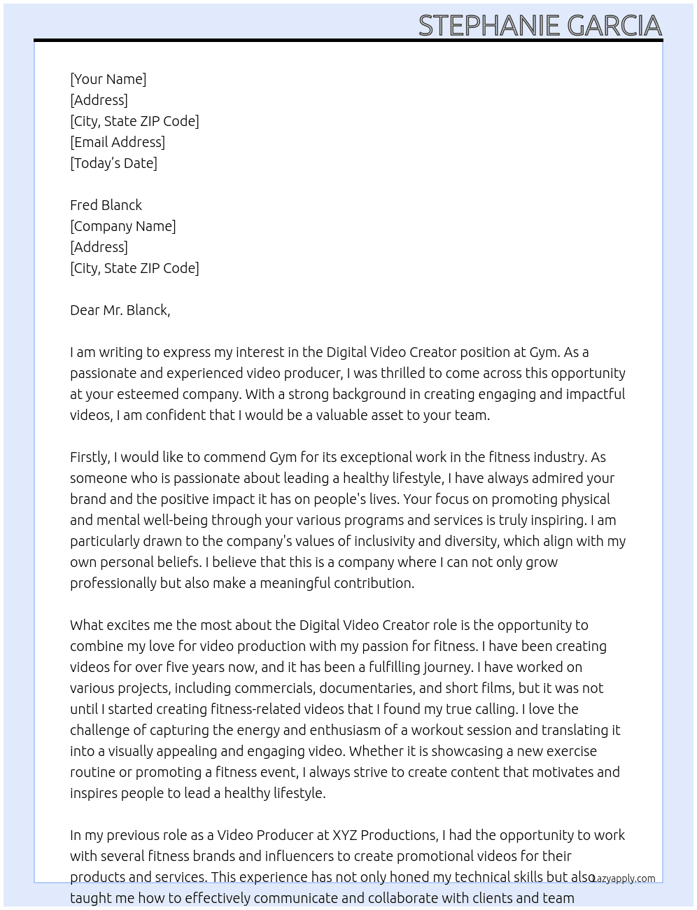 digital video creator   At Gym Cover Letter