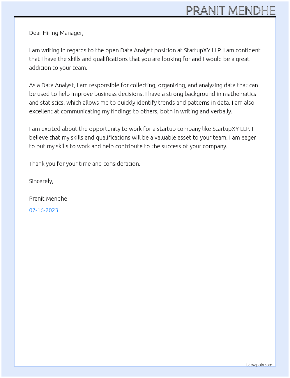 Data analyst At StartupXY LLP Cover Letter