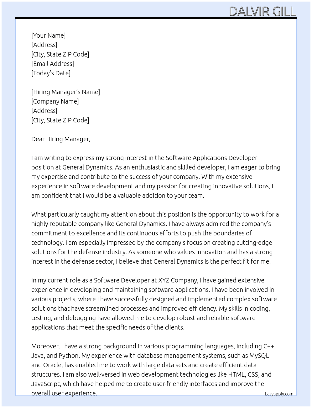 Software Applications Developer At General Dynamics Cover Letter