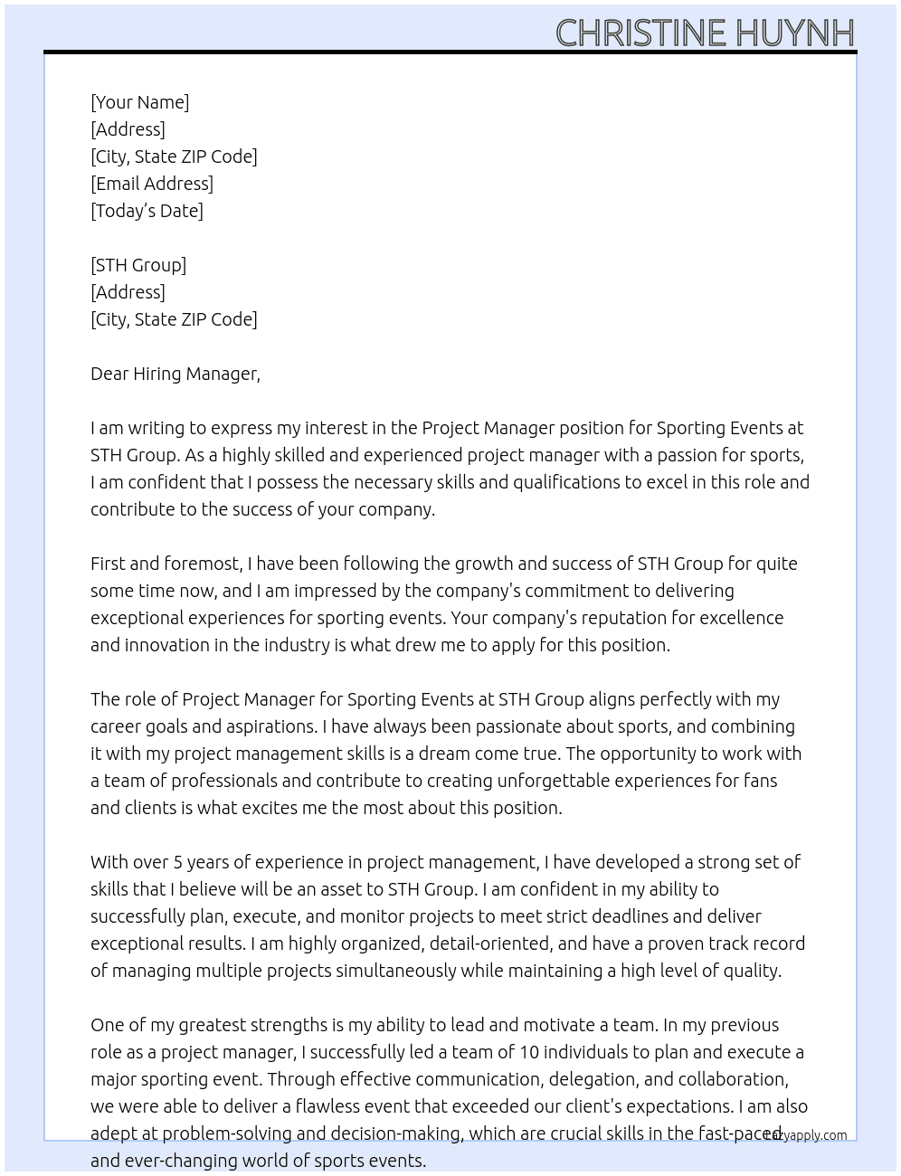 Project Manager (Sporting Events) At STH Group Cover Letter