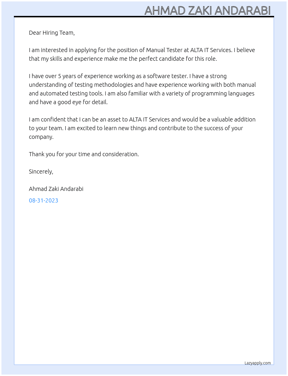 Manual Tester At ALTA IT Services Cover Letter