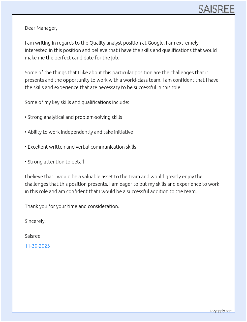 Quality analyst At GOOGLE Cover Letter