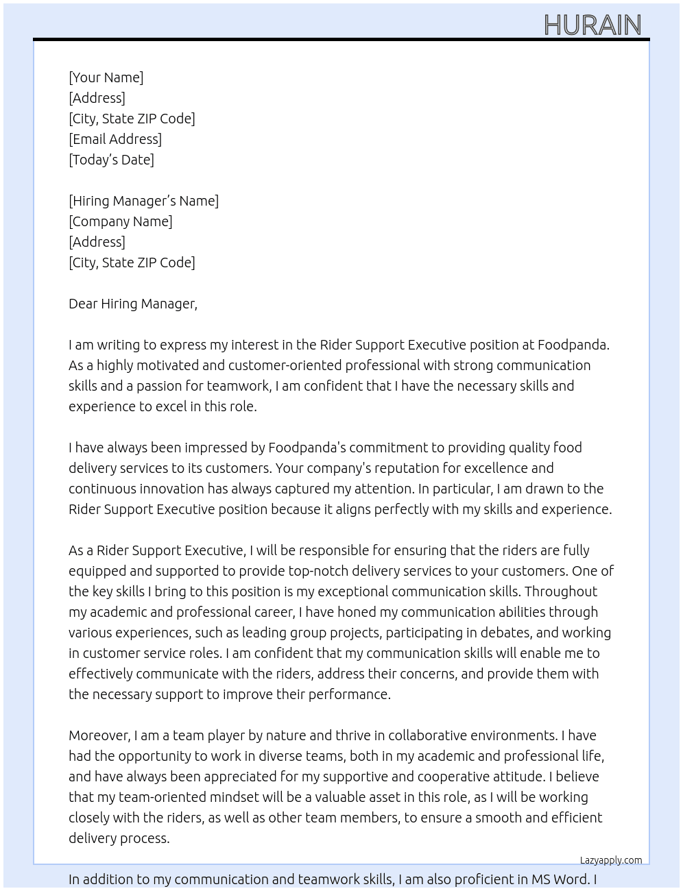 Rider support executive  At Foodpanda Cover Letter
