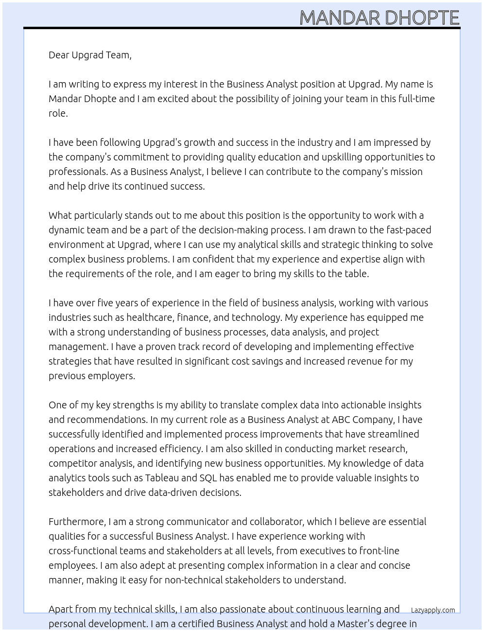Business Analyst At Upgrad Cover Letter
