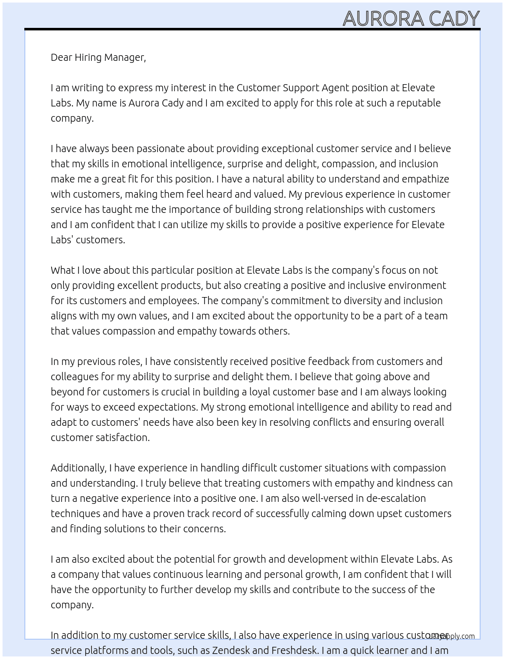 Customer Support Agent At Elevate Labs Cover Letter