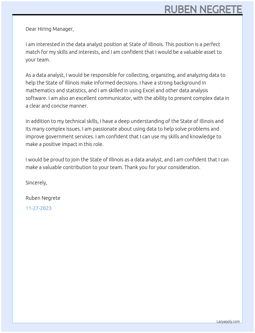 data analyst At State of Illinois Cover Letter