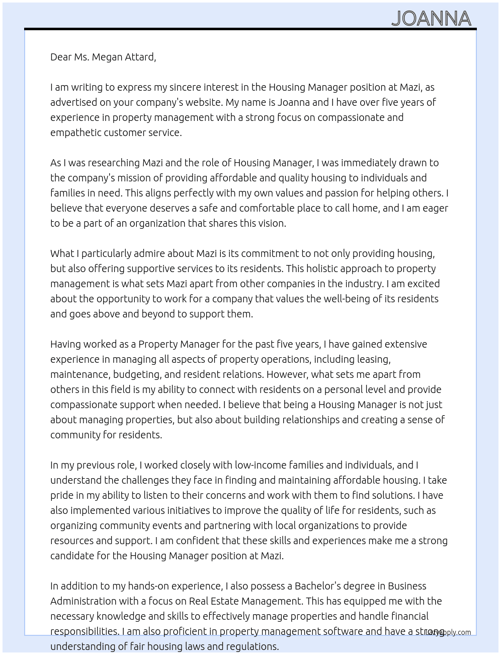 Housing manager  At Mazi Cover Letter