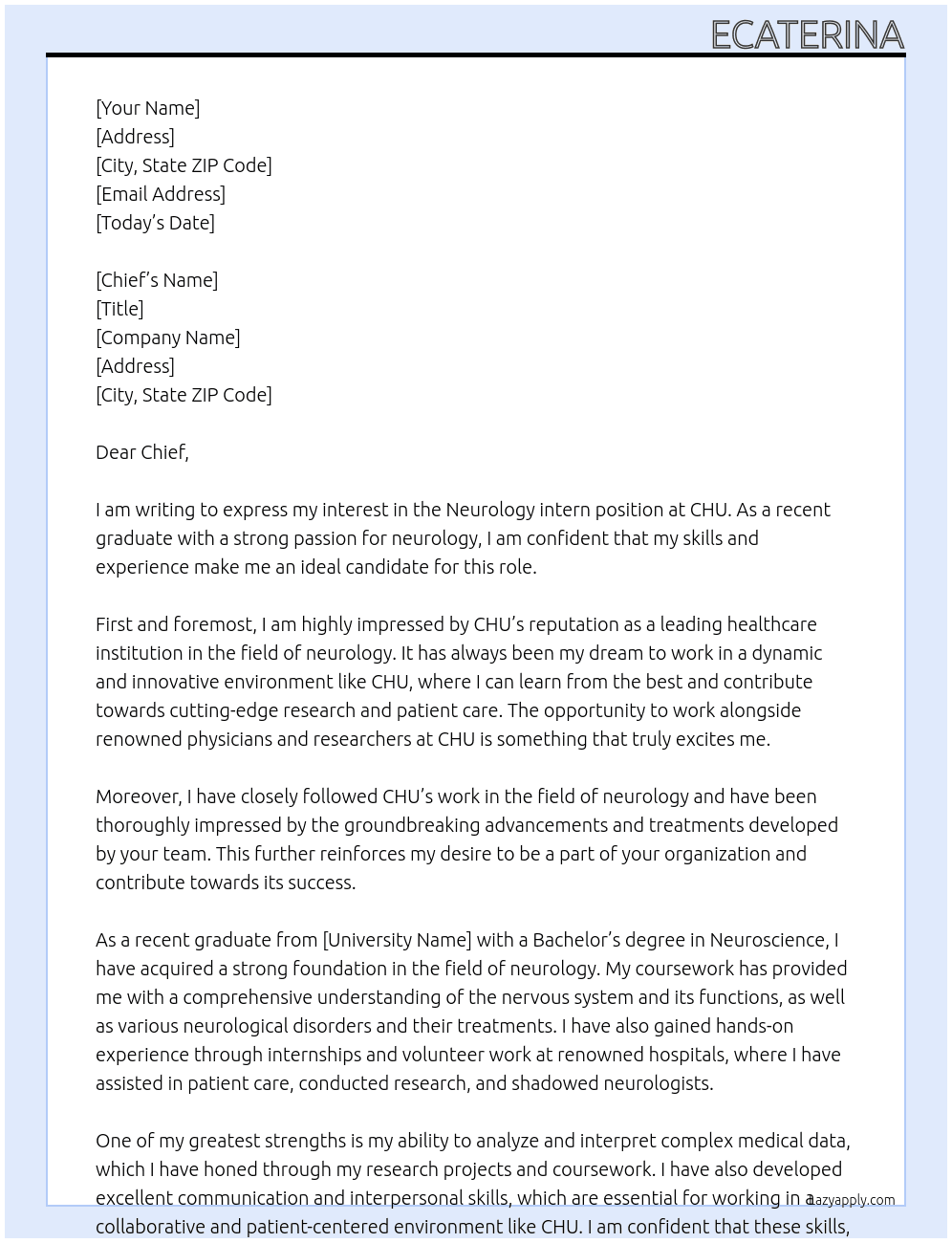 Neurology intern At CHU  Cover Letter
