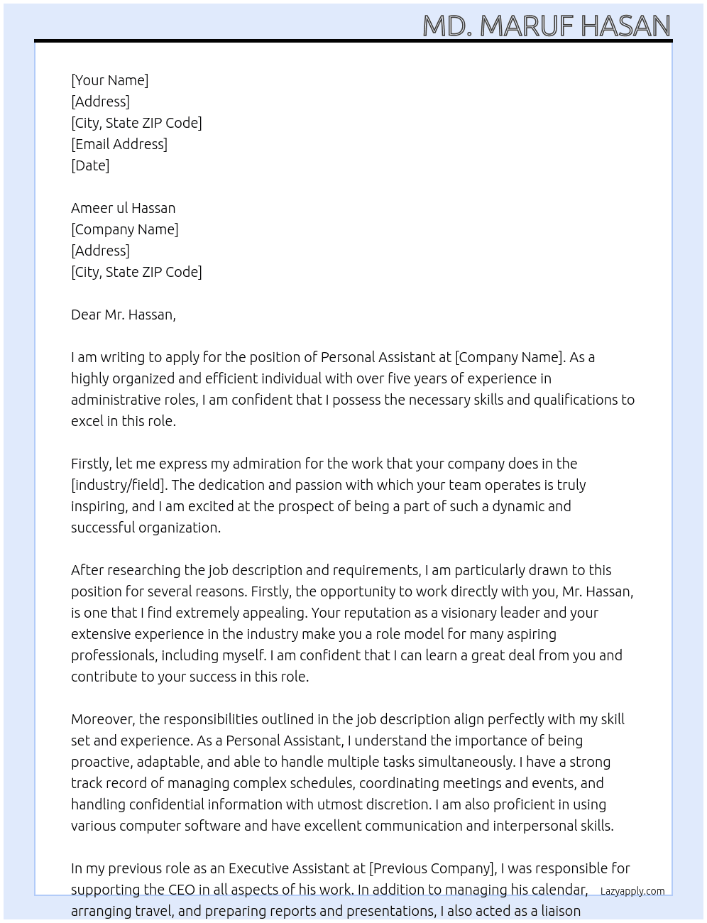 Personal Assistant At Ameer ul Hassan Cover Letter
