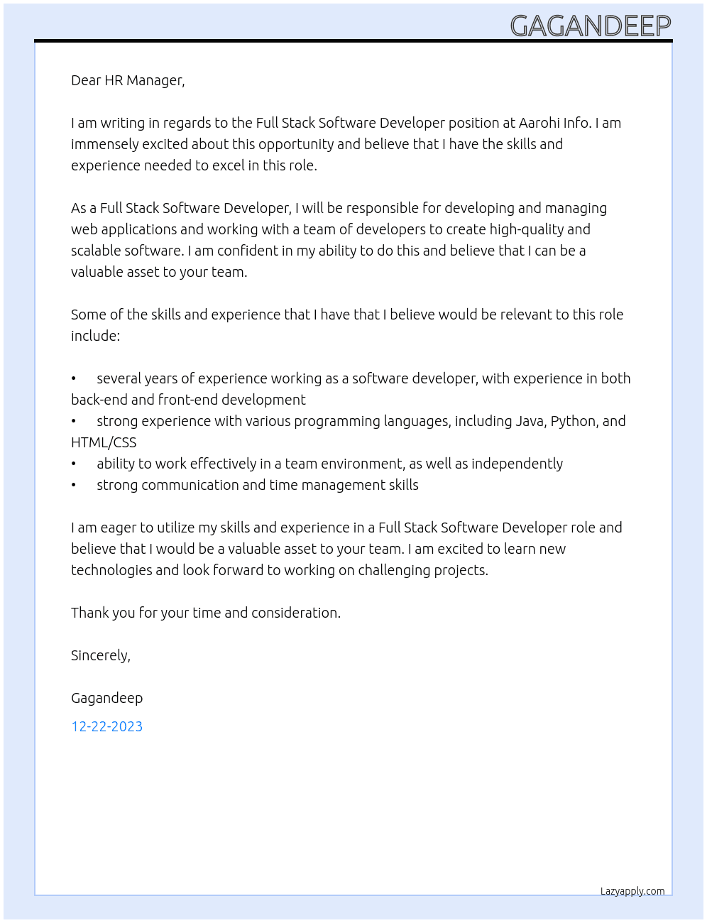 FULL STACK SOFTWARE DEVLOPER At AAROHI INFO Cover Letter
