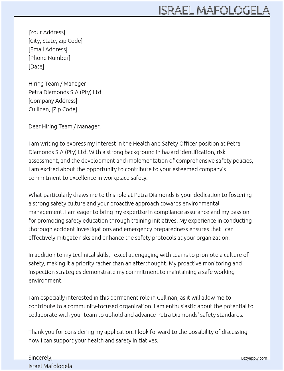 Health and Safety Officer,  At Petra Diamnds S.A (Pty) Ltd Cover Letter