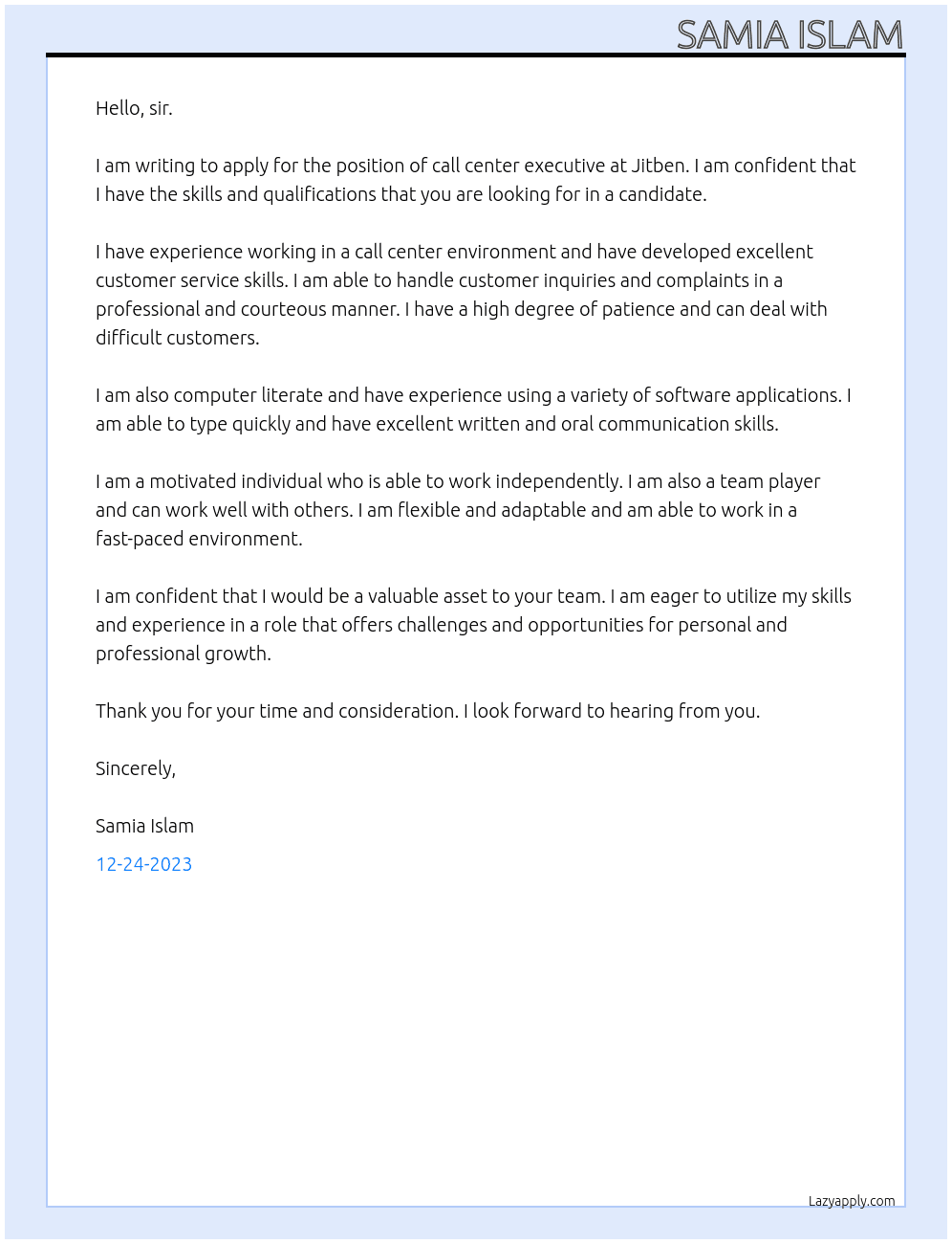 call center executive At jitben Cover Letter