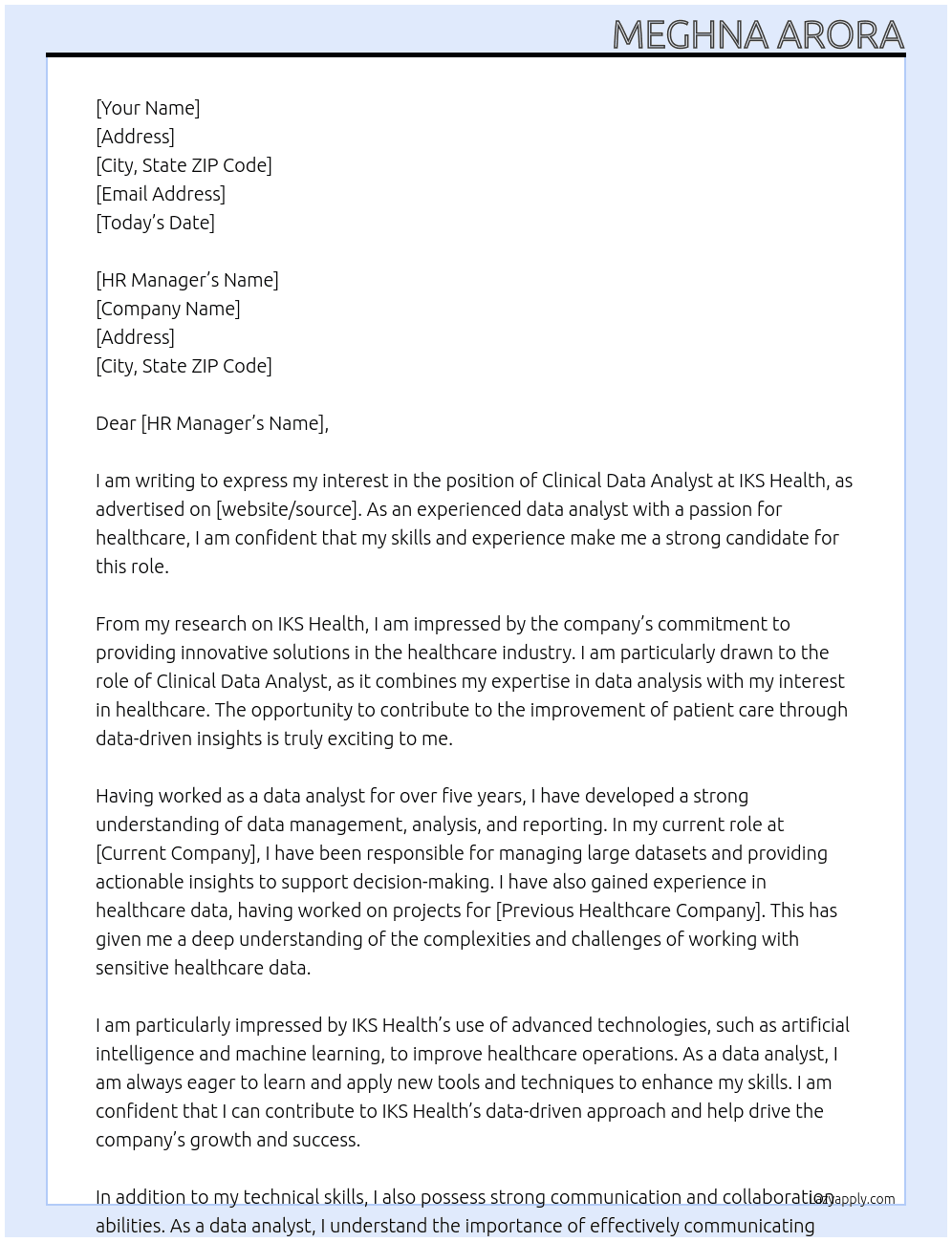 Clinical Data Analyst At IKS Health Cover Letter
