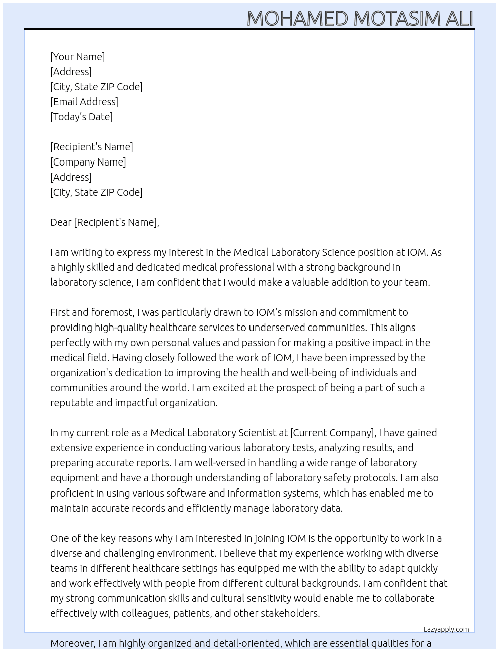 Medical Laboratory science  At IOM Cover Letter