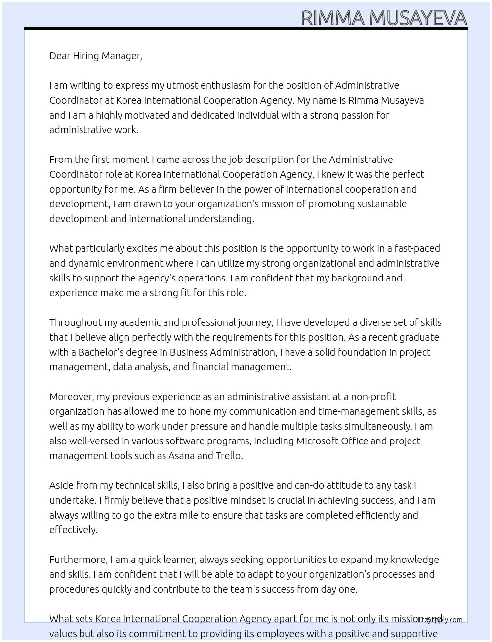 Administrative Coordinator  At Korea International Cooperation Agency Cover Letter