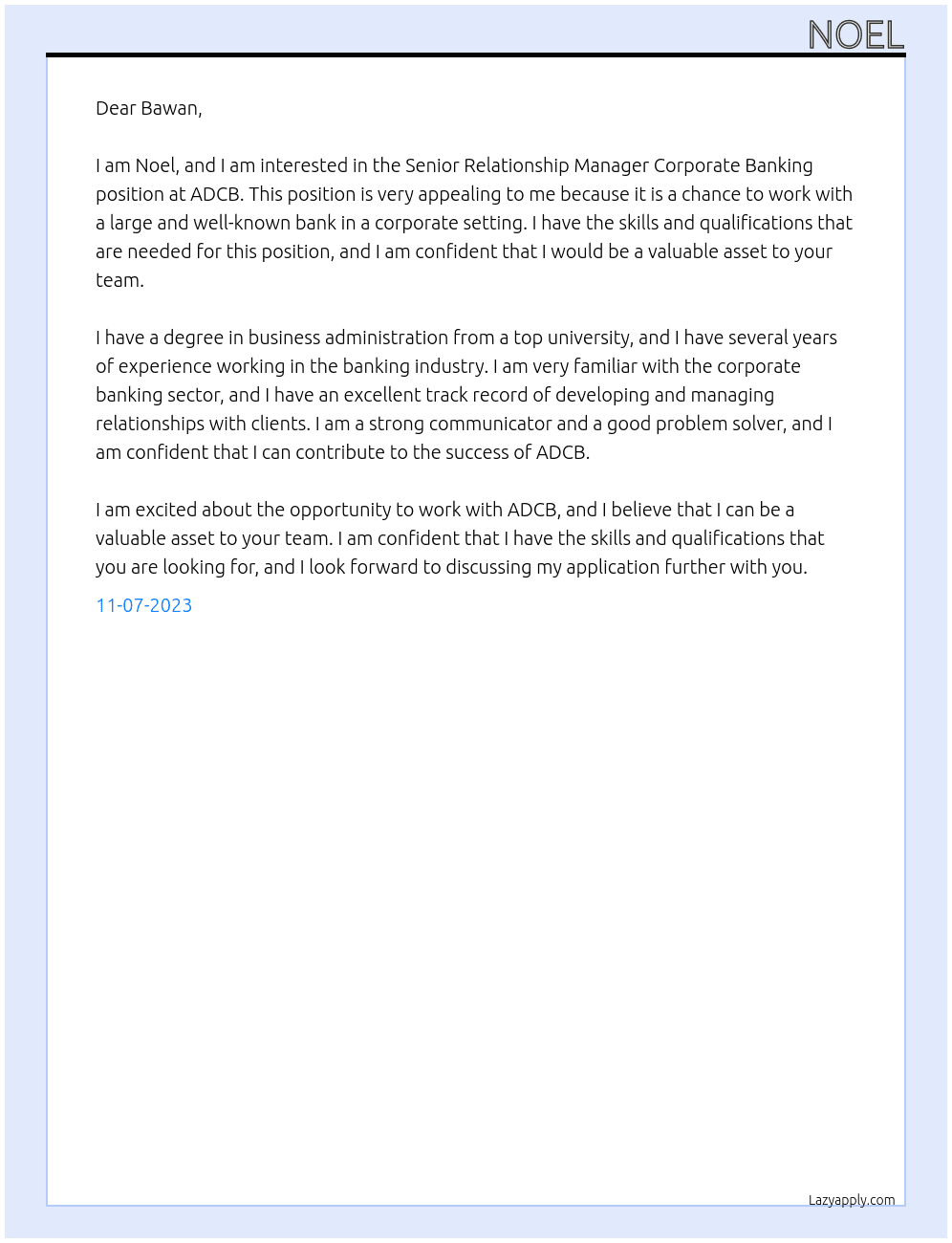 Senior relationship manager corporate banking At ADCB Cover Letter