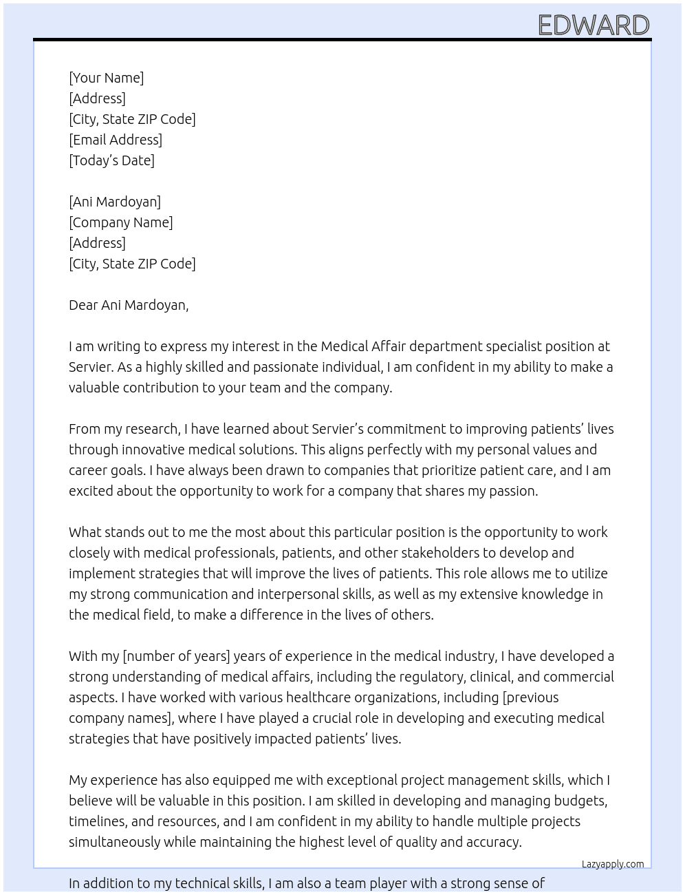 Medical Affair department  specialist At Servier Cover Letter