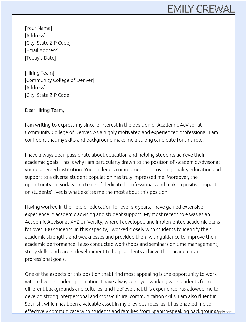 Academic Advicor At Community College of Denver Cover Letter