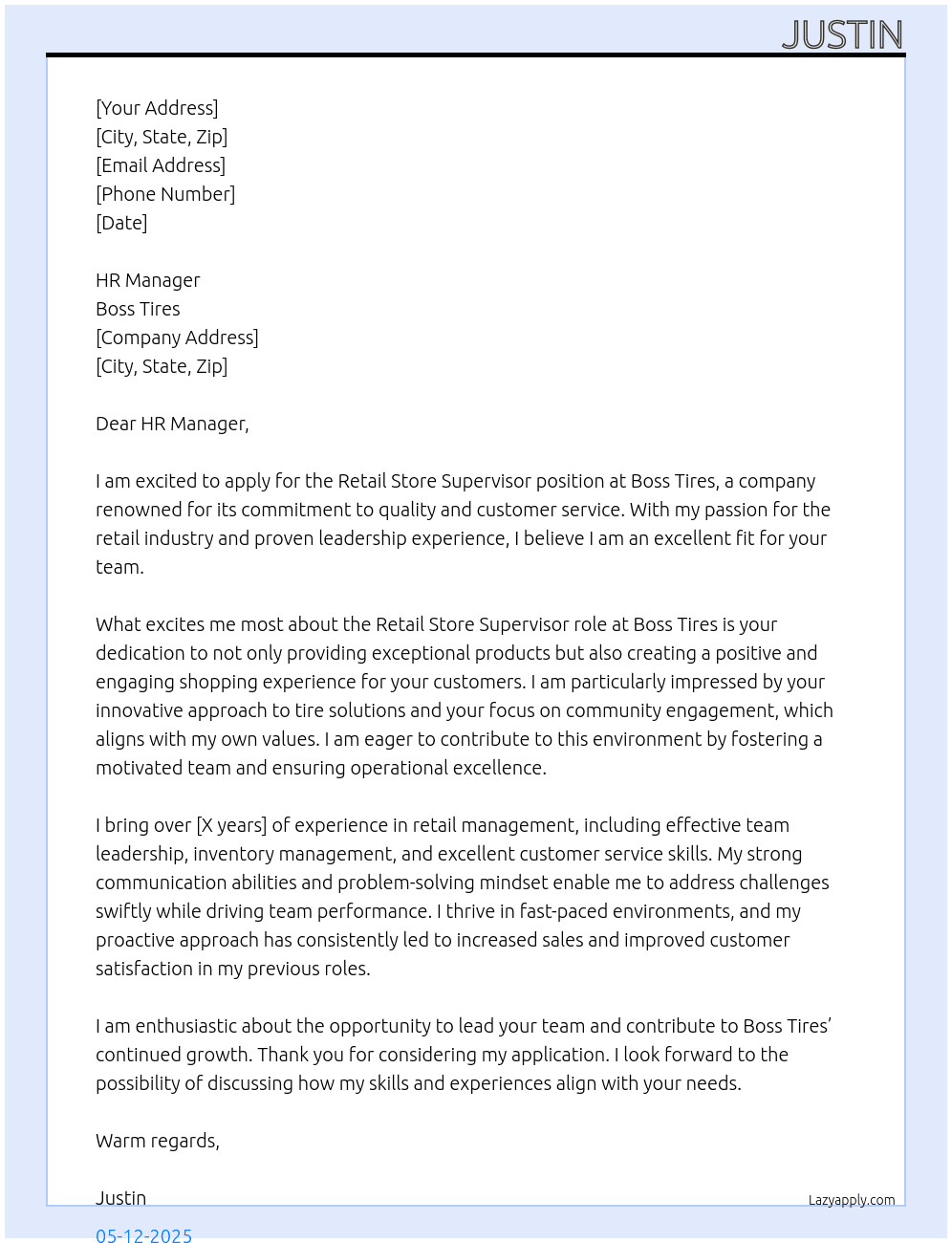 Retail Store Supervisor At Boss Tires Cover Letter