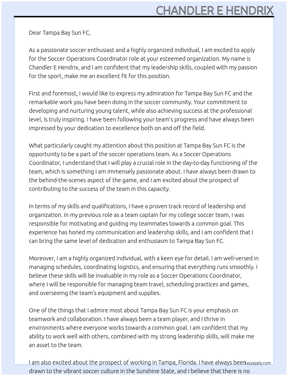 Soccer Operations Coordinator At Tampa Bay Sun FC Cover Letter